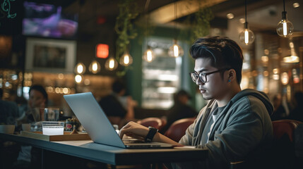 Man Using Laptop While Sitting at Restaurant. Generative AI.
