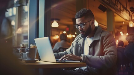 Man Using Laptop While Sitting at Restaurant. Generative AI.
