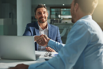 Business people, handshake and interview success or recruitment, employment and hiring in office. Corporate, men and executive shaking hands with new employee or collaboration on deal or partnership - obrazy, fototapety, plakaty