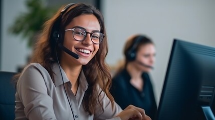 Portrait of a woman working in customer service at a call center. Generative AI.