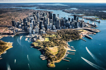 Naklejka premium an aerial view with buildings and water in sydney