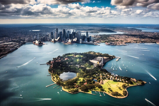 an aerial view with buildings and water in sydney