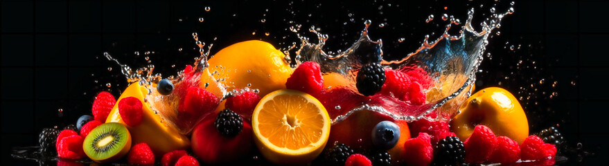 Fototapeta na wymiar a bunch of fruit splashing on the black background