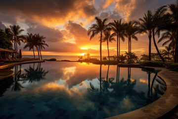 Secluded Paradise: Opulent Infinity Pool at a Five-Star Resort Amidst Tropical Foliage at Sunset