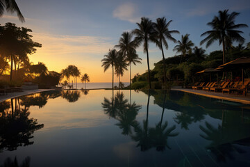 Fototapeta na wymiar Luxurious Infinity Pool at Prestigious Resort Merging with Sea at Sunset
