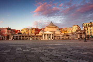 Naples, Italy. Cityscape image of Naples, Italy with the view of large public town square Piazza del Plebiscito at sunrise. - 601349356
