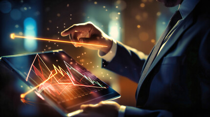 Fototapeta na wymiar the businessman, using his iPad for trading, is holding an arrow sign and a graph with different colored arrowheads on