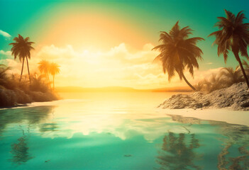 Fototapeta na wymiar a sun on a seascape with palm trees