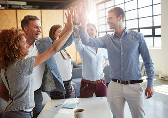High five, motivation and business people in a meeting with support, success or team building....