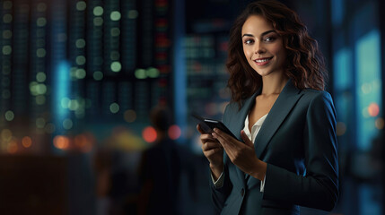 Businesswoman in a formal suit holding a smartphone and analyzing a financial chart displayed on the screen. Generative AI