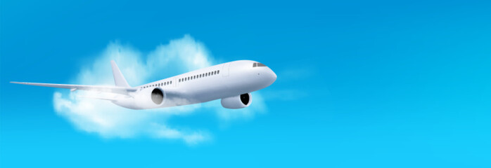 Naklejka na ściany i meble 3d white airplane flying on blue sky landscape background with cloud, vector illustration, Realistic banner with blank passenger jet flight, side view, aviation concept or vacation trip ads mockup
