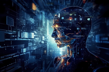 The robot face showing the internet connection inside its head in the digital era  in the surrealistic style generative ai  