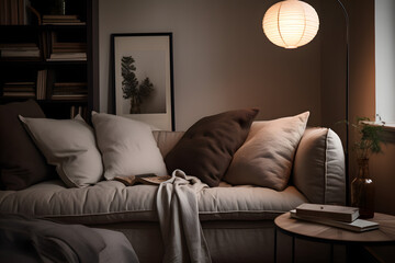 a cozy, dimly lit, reading corner in the living room
