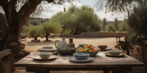 Fototapeta premium An outdoors rustic vegan breakfast in the galilee hills 