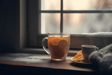 Obraz premium Hot tea with lemon on a rainy day