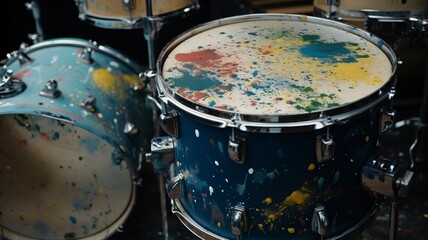 Fototapeta na wymiar beautiful image of drums covered in paint with paint splashes
