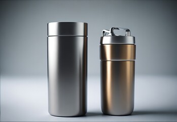 Mock-ups of a steel coffee bottle and a stainless thermos water bottle. Generative AI. - obrazy, fototapety, plakaty