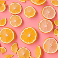 Obraz premium Numerous slices of oranges and lemons in a stylish, hot pink pattern. Generative AI.