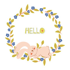 Flower wreath and sleeping cute hare. Greeting illustration with cute rabbit. Vector illustration for kids posters, cards, bedding, fabric, wallpaper, wrapping paper, textile, t-shirt