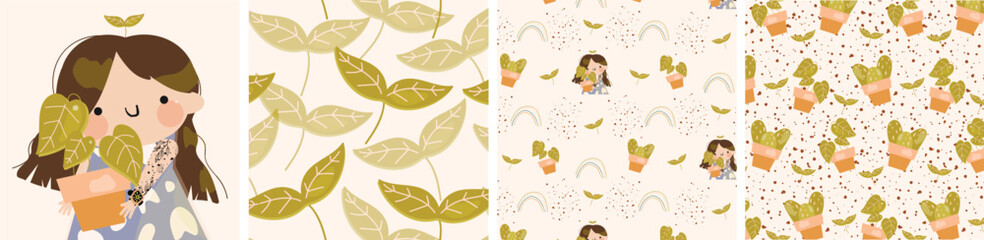 Set of Patterns and Illustration of a Girl with Flowers, Plants, Cactus. Modern design for paper, cover, fabric, interior decor and other users.