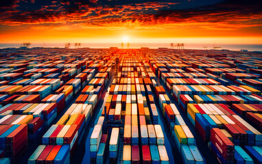 Obraz premium a view of a container port set at sunset