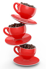 Ceramic coffee cup with coffee beans for americano, espresso, latte on white