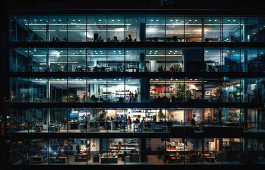 glass building at night with people inside in the glass
