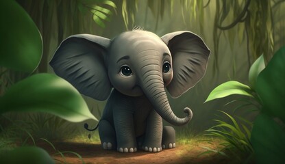 Cute Cartoon Elephant in a Jungle. Generative AI.