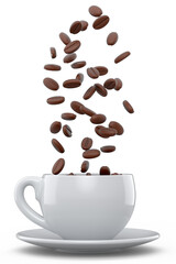 Ceramic coffee cup with coffee beans for americano, espresso, latte on white