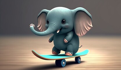 Cute Cartoon Elephant on a Skateboard. Generative AI.