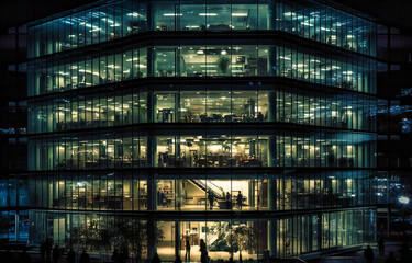 Fototapeta na wymiar glass building at night with people inside in the glass