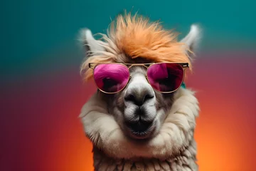 Foto auf Alu-Dibond Funny alpaca wearing sunglasses in studio with a colorful and bright background. Generative AI © Mihai Zaharia