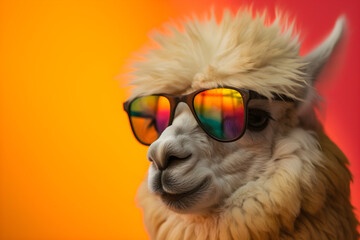 Funny alpaca wearing sunglasses in studio with a colorful and bright background. Generative AI