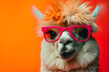 Funny alpaca wearing sunglasses in studio with a colorful and bright background. Generative AI