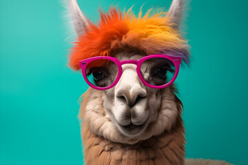 Funny alpaca wearing sunglasses in studio with a colorful and bright background. Generative AI - obrazy, fototapety, plakaty
