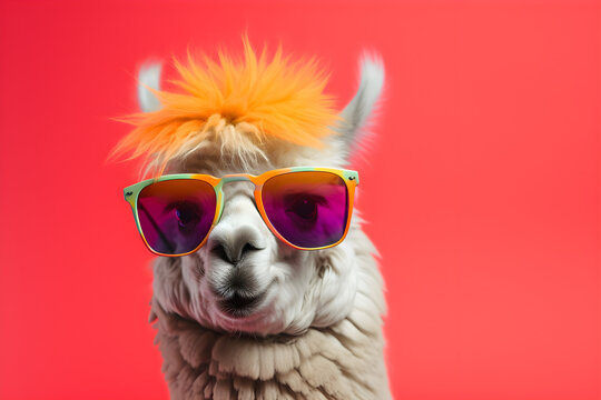 Funny alpaca wearing sunglasses in studio with a colorful and bright background. Generative AI