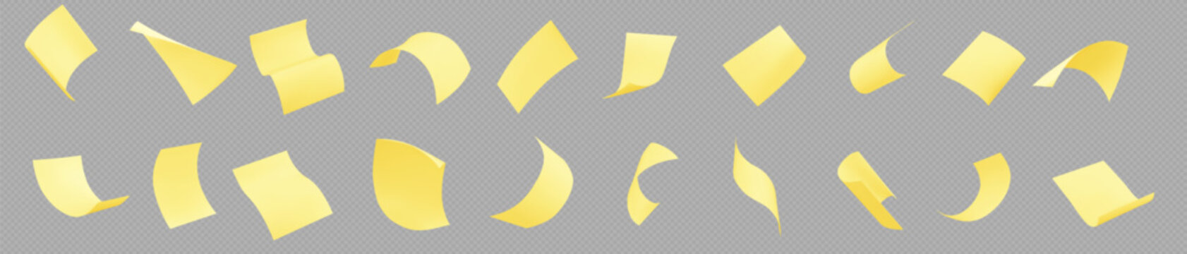 Blank paper sheets, document pages and office notes fly in air. 3d empty yellow stickers with curl corners fall isolated on transparent background, vector realistic set