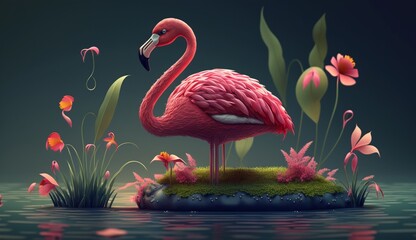 Cute Cartoon Flamingo in a Pond with Flowers. Generative AI.