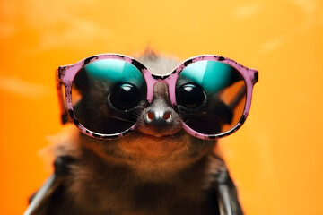 Funny bat wearing sunglasses in studio with a colorful and bright background. Generative AI