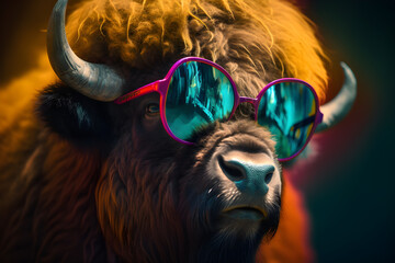 Funny bison wearing sunglasses in studio with a colorful and bright background. Generative AI