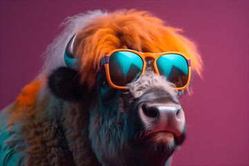 Funny bison wearing sunglasses in studio with a colorful and bright background. Generative AI