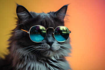 Funny cat wearing sunglasses in studio with a colorful and bright background. Generative AI