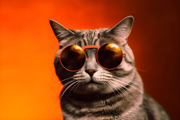 Funny cat wearing sunglasses in studio with a colorful and bright background. Generative AI