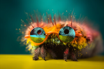Funny caterpillar wearing sunglasses in studio with a colorful and bright background. Generative AI