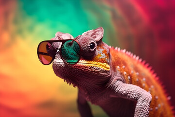 Funny chameleon wearing sunglasses in studio with a colorful and bright background. Generative AI