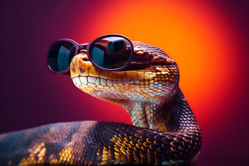 Fototapeta premium Funny cobra wearing sunglasses in studio with a colorful and bright background. Generative AI