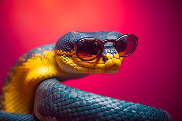 Fototapeta premium Funny cobra wearing sunglasses in studio with a colorful and bright background. Generative AI