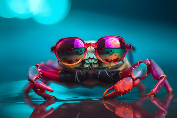 Funny crab wearing sunglasses in studio with a colorful and bright background. Generative AI - obrazy, fototapety, plakaty