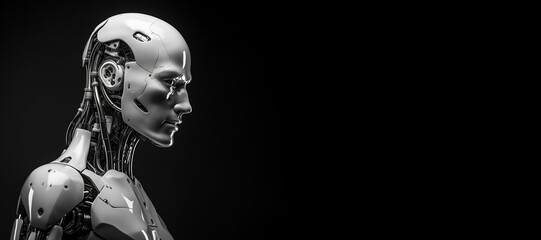 Black and white photorealistic studio portrait of a humanoid cyborg robot on black background. Generative AI illustration - obrazy, fototapety, plakaty