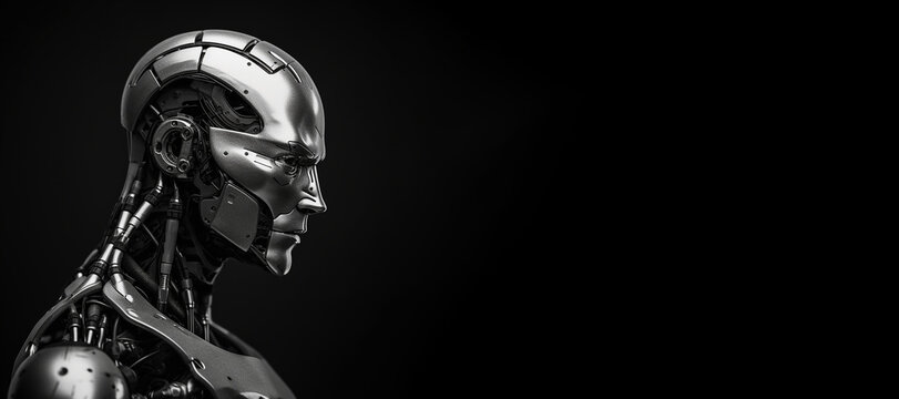 Black and white photorealistic studio portrait of a humanoid cyborg robot on black background. Generative AI illustration
